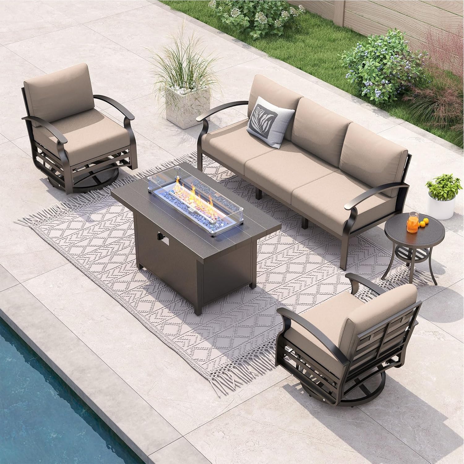 Outdoor Furniture Set With Fire Pit - 5-seat Aluminum Patio Sectional Sofa Set