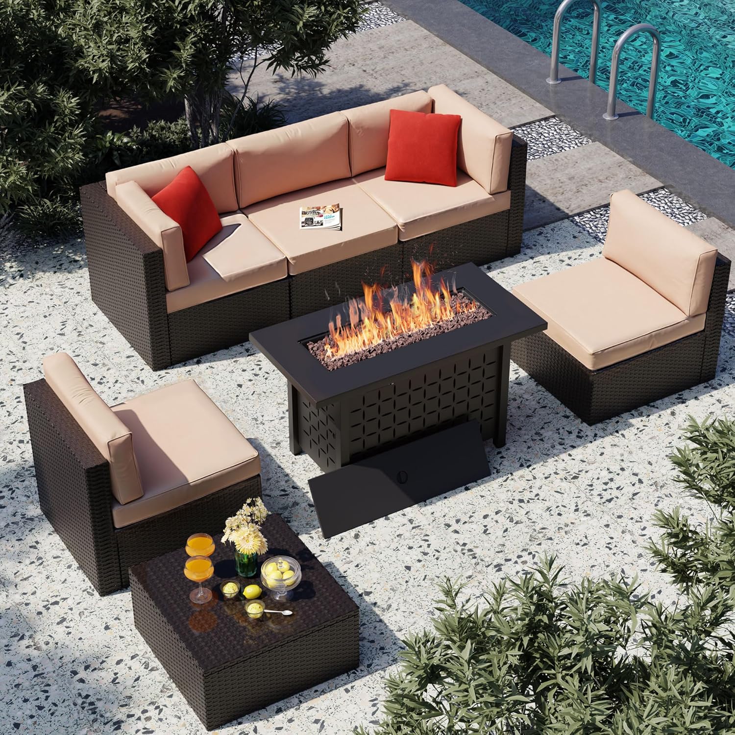 Outdoor Furniture Set With Fire Pit - 7 Piece Patio Furniture Set with