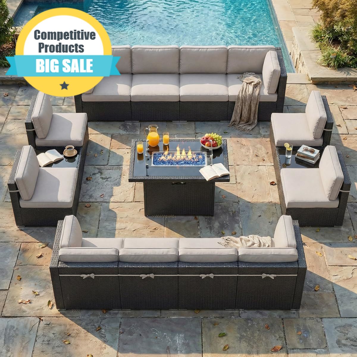 Outdoor Furniture Set With Fire Pit - 15 Piece Patio Furniture Set with