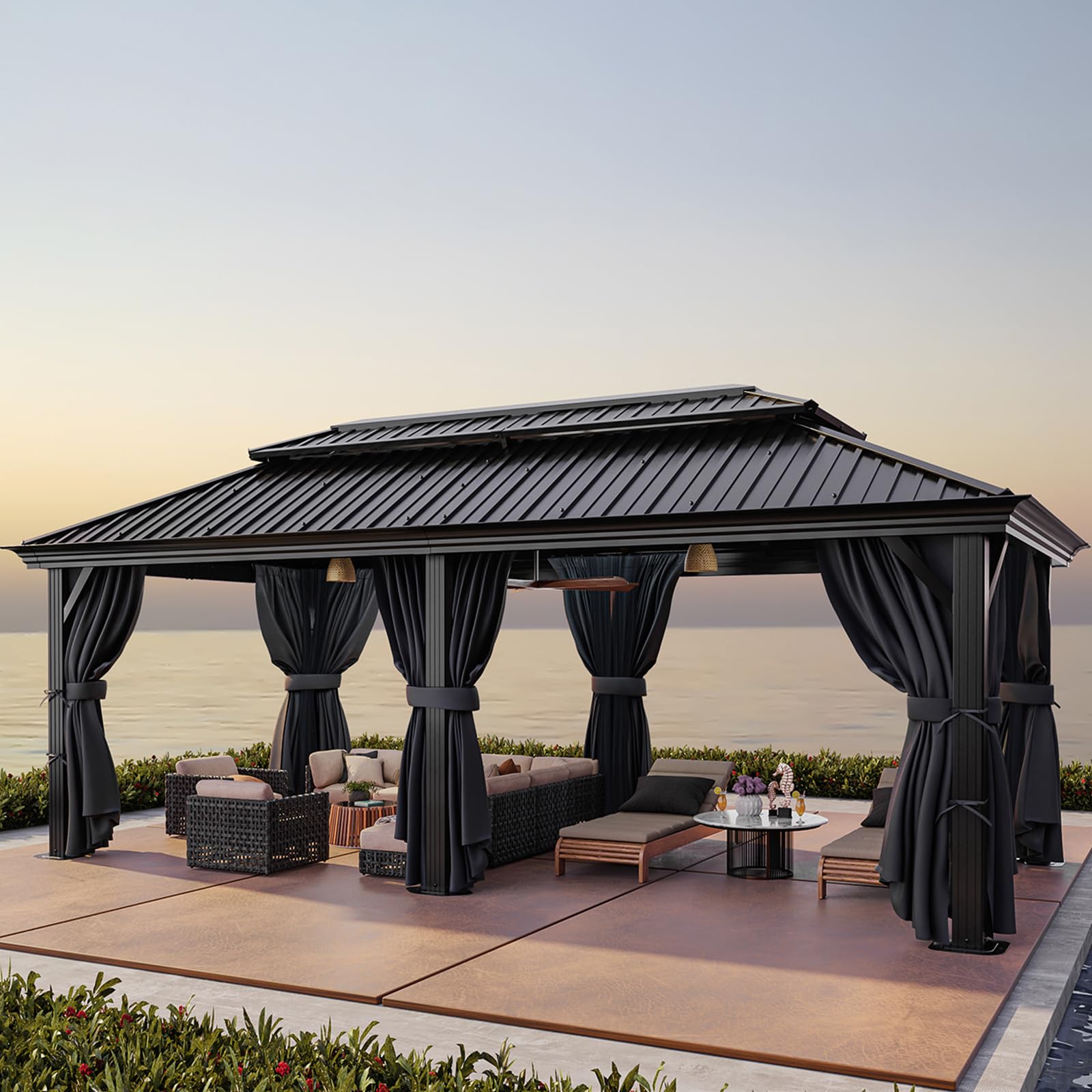 Outdoor Furniture Gazebo - 12×20 Hardtop Gazebo with Metal Roof,