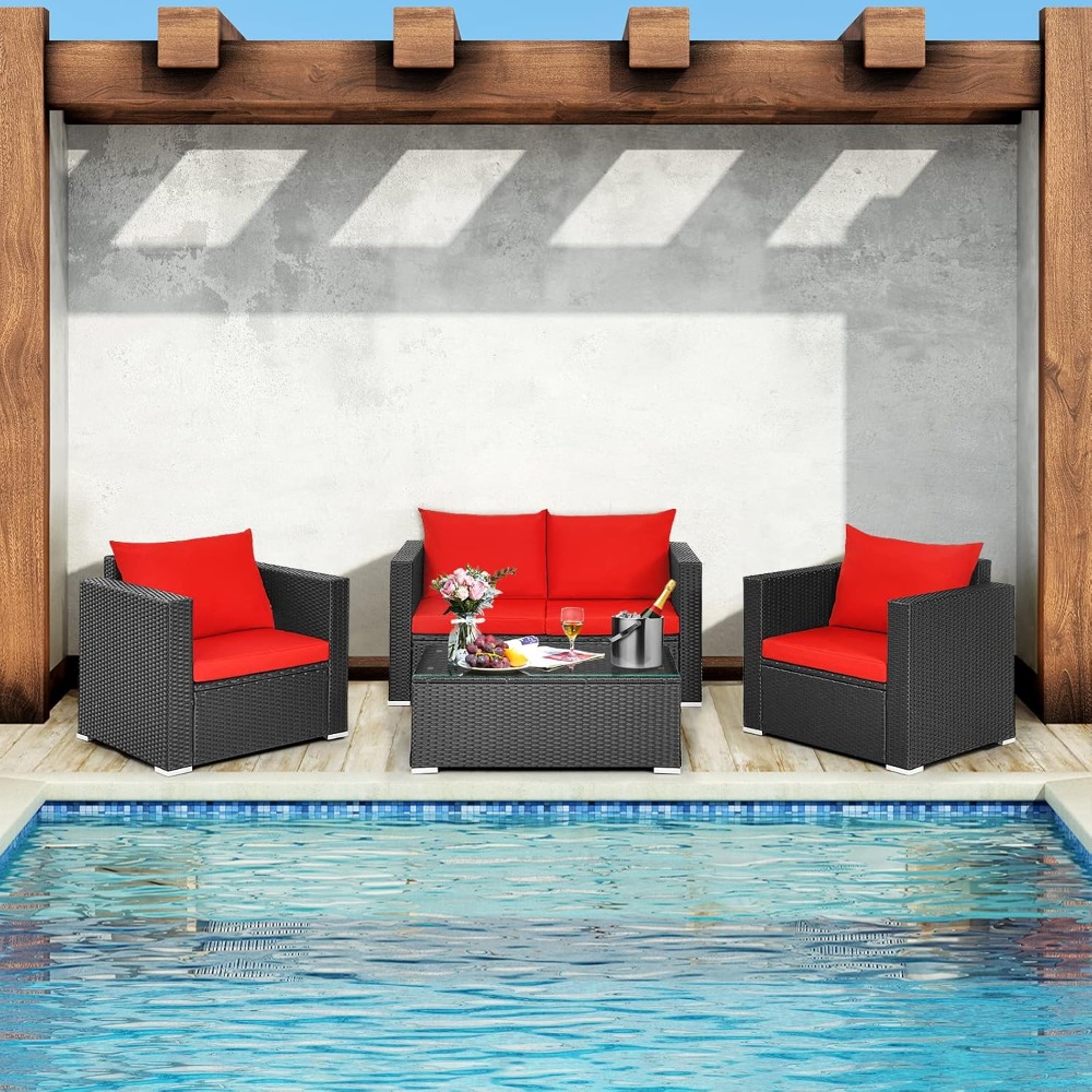 Outdoor Furniture Bali - 4 Piece Patio Rattan Conversation Furniture