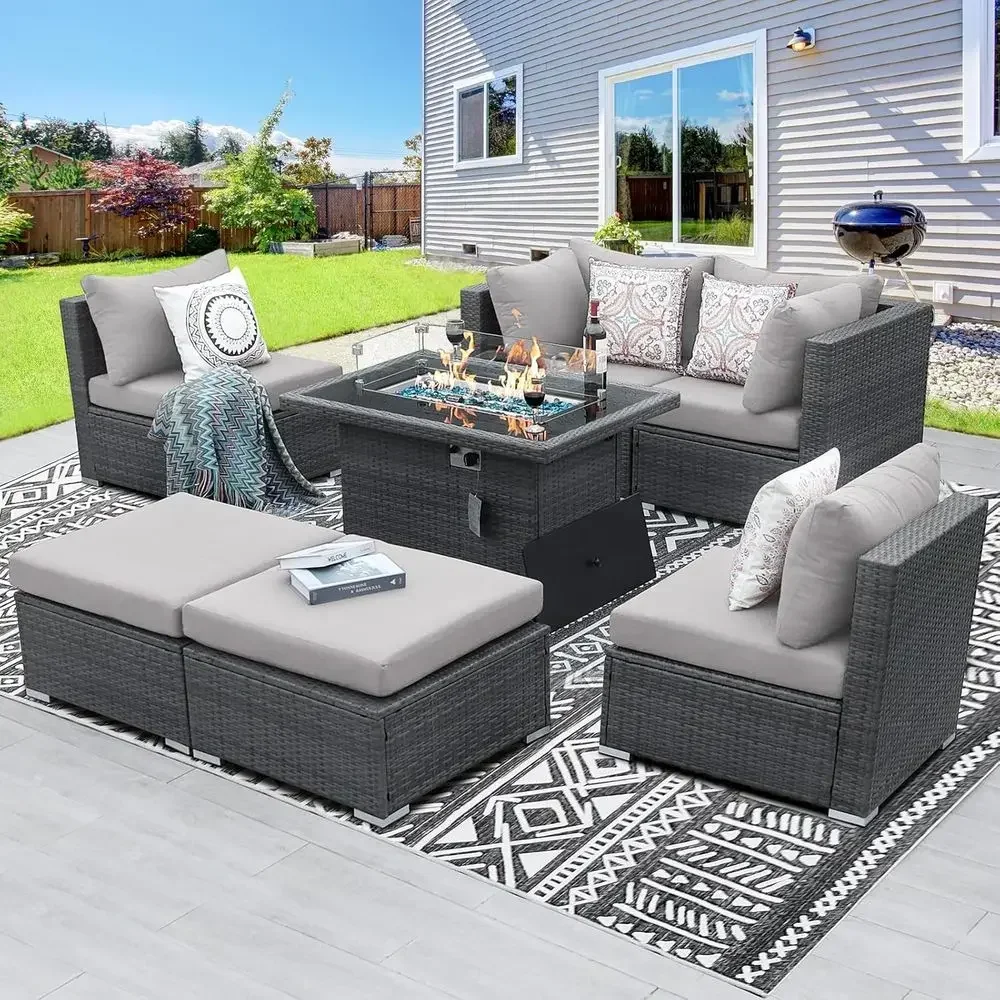 Outdoor Furniture Set With Fire Pit - 6-Person Weather-Resistant Outdoor Sectional Set with
