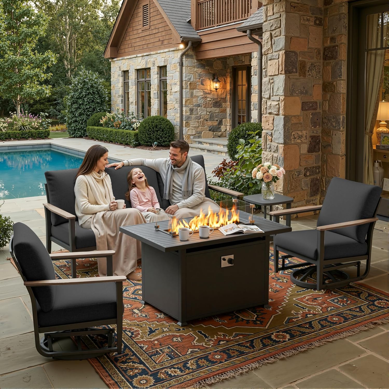 5pc Aluminum Patio Set Swivel  - Outdoor Furniture Set With Fire Pit avis et prix